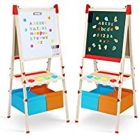 Magicfun Caballete Pintura Niños- 2 en 1 Pizarra de Madera- Pizarra Blanca Magnética con Letras- Números- Tizas…